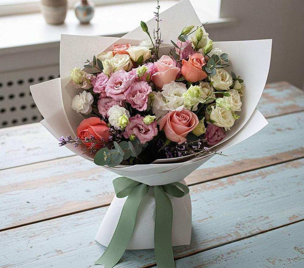 Букет цветов из: Розы, Лизиантусы и Гвоздики в Псыгансу