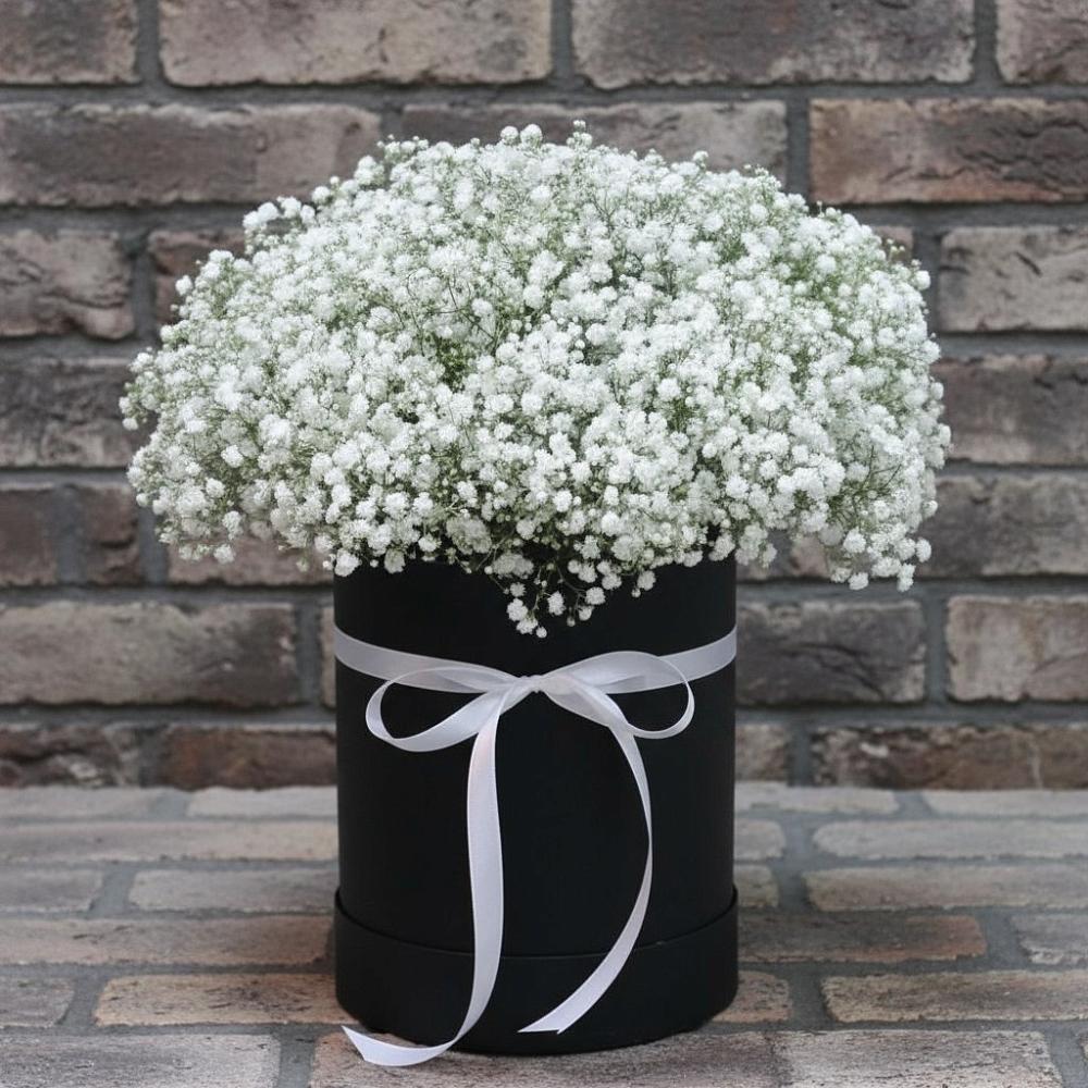 Цветочная композиция из Гипсофила в шляпной коробке в Псыгансу