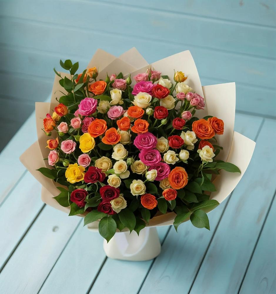 Букет Микс из разноцветных кустовых роз в Псыгансу