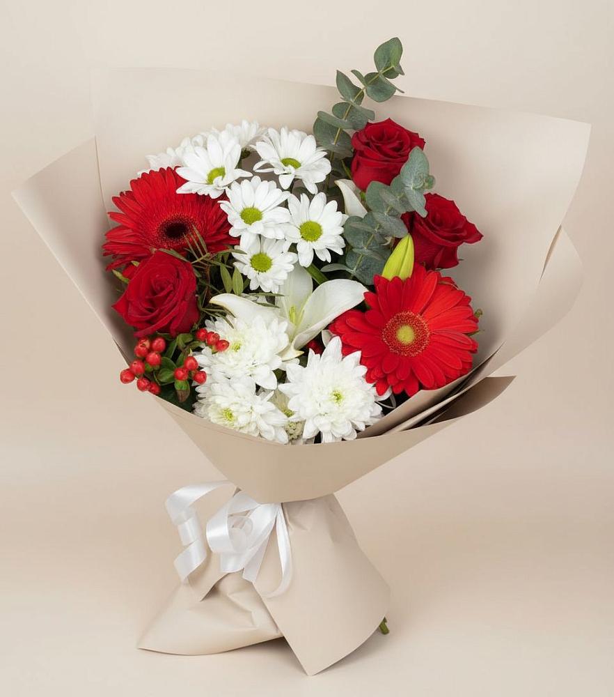 Букет цветов из: Розы, Хризантемы, Герберы и Лилии в Псыгансу